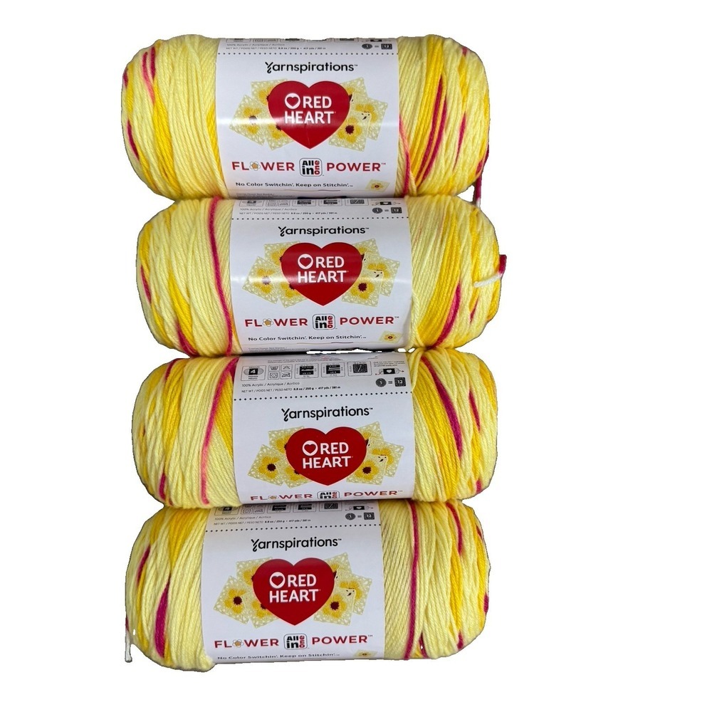 Red Heart All in One Flower Power Yarn - Lot Of 4 Dilly Daylily Yellow, Hot Pink